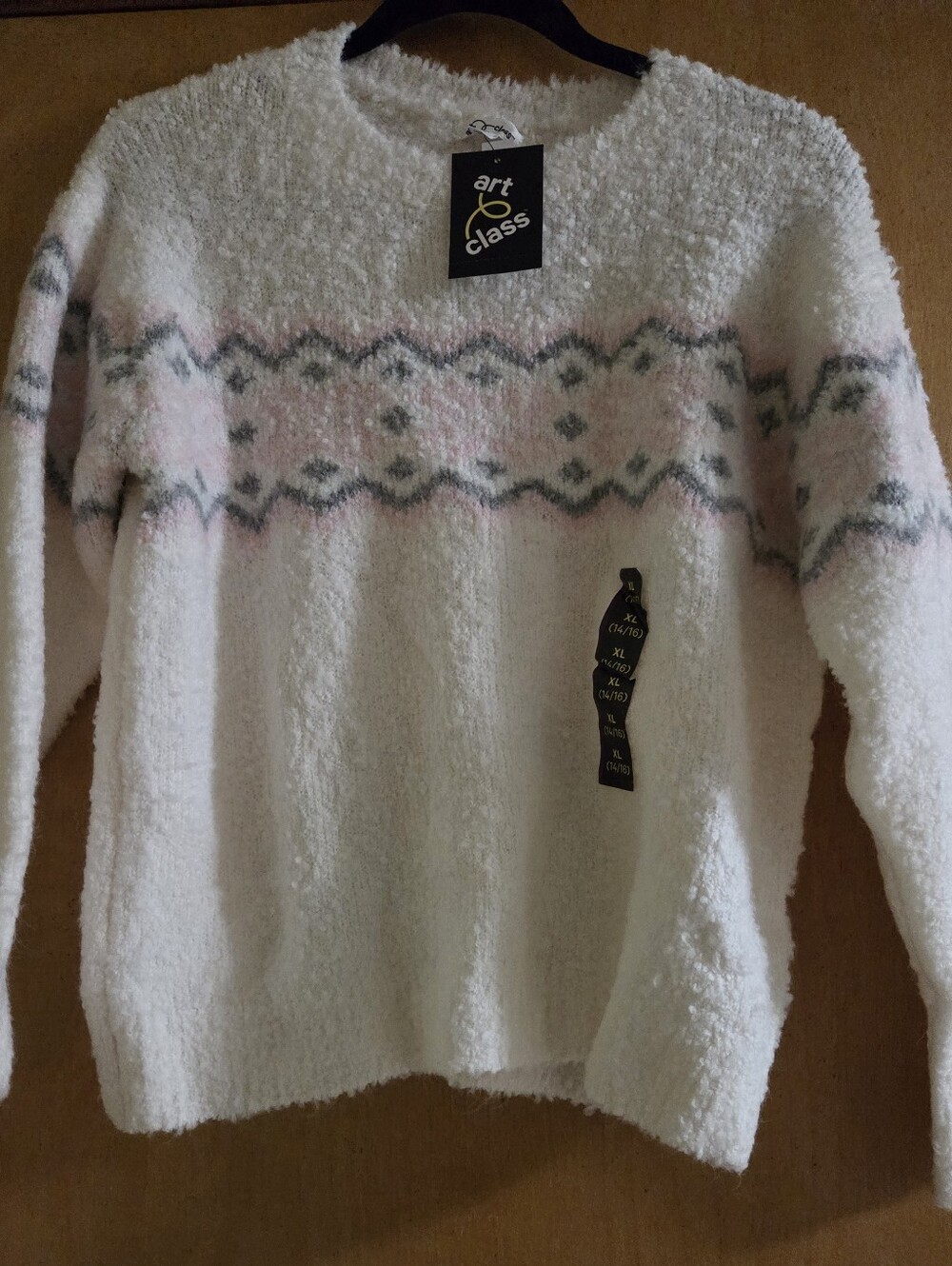 art class White Plush Fair Isle Crewneck Sweater with Pink and Gray Accents